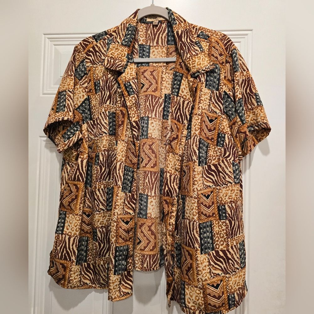 Vintage Patchwork Animal Print Patterned Women's Top, Size 2X